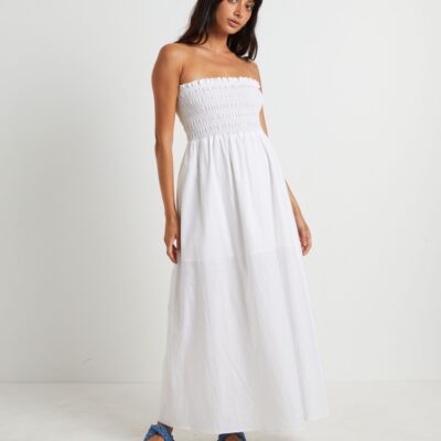 New SUBTITLED Esme Shirred Bandeau Maxi Dress In White