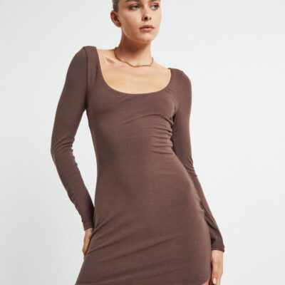 Best ALICE IN THE EVE Larissa Scoop Neck Long Sleeve Mini Dress Chocolate Brown