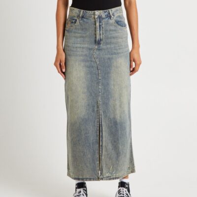 Best ONE TEASPOON High Waisted Denim Column Skirt Dirty Blue