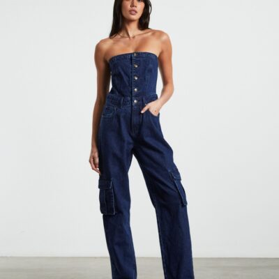 New INSIGHT Sabrine Strapless Denim Boiler Suit Ink Blue