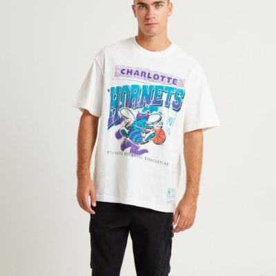 Hot MITCHELL & NESS Brush Off 2.0 Hornets Short Sleeve T-Shirt Vintage White