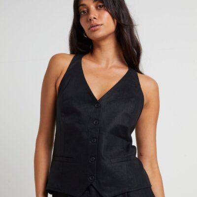 New SUBTITLED Naomi Linen Halter Vest In Black