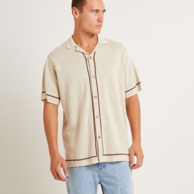 Clearance  ARVUST Knit Bowling Short Sleeve Shirt In Natural