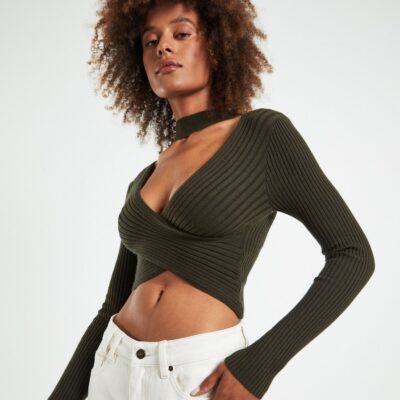 New SUBTITLED Amelia Choker Long Sleeve Top Khaki Green