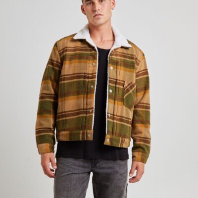 New LEVIS Type 1 Sherpa Trucker Jacket Barold Plaid Winter Moss