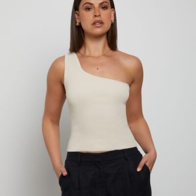 Clearance  GENERAL PANTS CO. BASICS Luxe Knitted One Shoulder Top In Vintage Stone