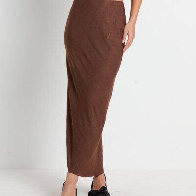 Clearance  STUDIO Allegra Crinkle Satin Maxi Skirt In Chocolate Brown