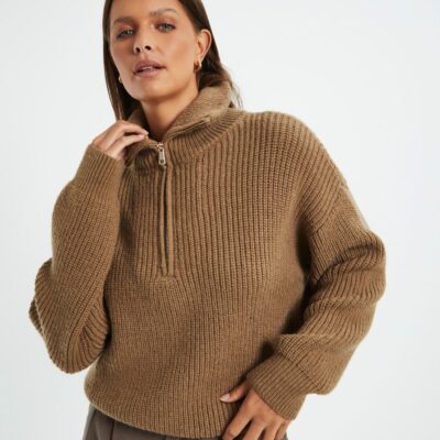 Online SUBTITLED Ezra Half Zip Knit Pull Over Hazelnut