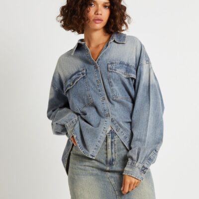 Hot ONE TEASPOON Oversized Denim Western Shirt Dirty Blue