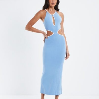 Clearance  SUBTITLED Athena Contrast Bind Midi Cut Out Dress Blue