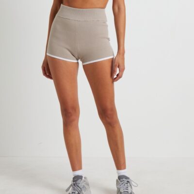 New SUBTITLED SPORTS CLUB Kay Knit Contrast Hot Shorts In Biscuit Beige